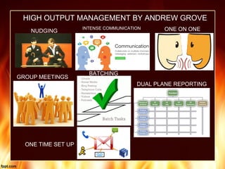 HIGH OUTPUT MANAGEMENT BY ANDREW GROVE
NUDGING
ONE TIME SET UP
DUAL PLANE REPORTING
BATCHING
INTENSE COMMUNICATION ONE ON ONE
GROUP MEETINGS
 