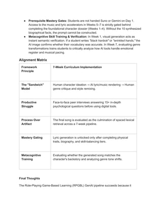 ●​ Prerequisite Mastery Gates: Students are not handed Suno or Gemini on Day 1.
Access to the music and lyric accelerators in Weeks 5–7 is strictly gated behind
completing the foundational character dossier (Weeks 1–4). Without the 10 synthesized
biographical facts, the prompt cannot be constructed.
●​ Metacognitive Skill Training & Verification: In Week 1, visual generation acts as
instant semantic verification. If a student writes "black hanbok" or "wrinkled hands," the
AI image confirms whether their vocabulary was accurate. In Week 7, evaluating genre
transformations trains students to critically analyze how AI tools handle emotional
register and musical pacing.
Alignment Matrix
Framework
Principle
7-Week Curriculum Implementation
The "Sandwich"
Model
Human character ideation AI lyric/music rendering Human
→ →
genre critique and style remixing.
Productive
Struggle
Face-to-face peer interviews answering 15+ in-depth
psychological questions before using digital tools.
Process Over
Artifact
The final song is evaluated as the culmination of spaced lexical
retrieval across a 7-week pipeline.
Mastery Gating Lyric generation is unlocked only after completing physical
traits, biography, and skill-balancing tiers.
Metacognitive
Training
Evaluating whether the generated song matches the
character's backstory and analyzing genre tone shifts.
Final Thoughts
The Role-Playing Game-Based Learning (RPGBL) GenAI pipeline succeeds because it
 