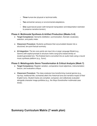 ​
○​ Three human-tier physical or technical skills.
○​
○​ Two animal-tier sensory or environmental adaptations.
○​
○​ One supernatural power (with temporal manipulation and teleportation restricted
to preserve narrative tension).
○​
Phase 4: Multimodal Synthesis & Artifact Production (Weeks 5–6)
●​ Target Competence: Semantic distillation, summarization, thematic vocabulary
selection, and poetic meter.
●​ Classroom Procedure: Students synthesize their accumulated dossier into a
structured, ten-point factual summary.
●​ AI Integration: The ten core points are input into a Large Language Model (e.g.,
Gemini) with explicit prompts to structure metric song lyrics based strictly on
student-generated lore. The finalized text is converted into an audio track using a neural
music synthesis platform (e.g., Suno).
Phase 5: Metalinguistic Genre Transformation & Critical Analysis (Week 7)
●​ Target Competence: Register variation, comparative mood adjectives, instrumentation
lexicon, and evaluative critique.
●​ Classroom Procedure: The class analyzes how transforming musical genres (e.g.,
hip-hop, traditional folk, orchestral) alters the rhetorical tone and narrative impact of their
English lyrics. Student tracks are compiled, compared, and collectively evaluated
alongside character image portfolios (e.g., the Ninja Grandmother multimodal case
study).
Summary Curriculum Matrix (7 week plan)
 