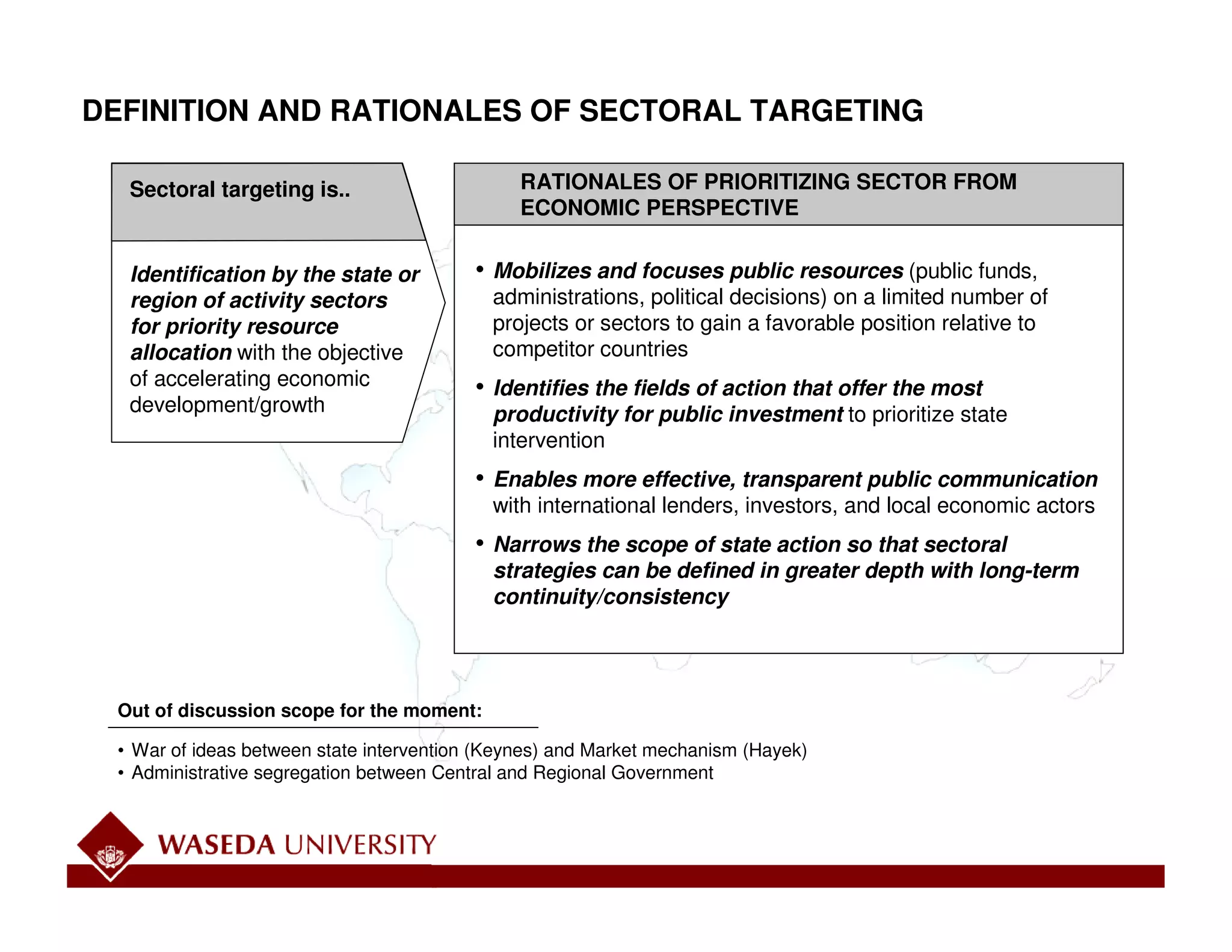 DEFINITION AND RATIONALES OF SECTORAL TARGETING

  Sectoral targeting is..                      RATIONALES OF PRIORITIZING SECTOR FROM
                                               ECONOMIC PERSPECTIVE


  Identification by the state or         • Mobilizes and focuses public resources (public funds,
  region of activity sectors               administrations, political decisions) on a limited number of




                                                                                                                  Working Draft - Last Modified 2/8/2006 10:40:49 PM
  for priority resource                    projects or sectors to gain a favorable position relative to
  allocation with the objective            competitor countries
  of accelerating economic               • Identifies the fields of action that offer the most
  development/growth                       productivity for public investment to prioritize state
                                           intervention
                                         • Enables more effective, transparent public communication
                                           with international lenders, investors, and local economic actors




                                                                                                                    Printed
                                         • Narrows the scope of state action so that sectoral
                                           strategies can be defined in greater depth with long-term
                                           continuity/consistency




 Out of discussion scope for the moment:

 • War of ideas between state intervention (Keynes) and Market mechanism (Hayek)
 • Administrative segregation between Central and Regional Government




                                                                                                              5
 