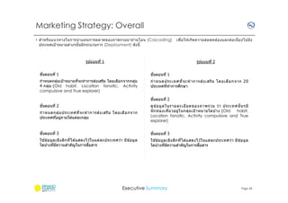 Marketing Strategy: Overall
• สําหรั บแนวทางในการนํ าแผนการตลาดของภาพรวมมาถ่ายโอน (Cascading)
ประเทศเป้ าหมายต่างๆนั นมีกระบวนการ (Deployment) ดังนี

รูปแบบที 1

เพือให ้เกิด ความสอดคล ้องและต่อ เนืองไปยั ง

รูปแบบที 2

ขันตอนที 1

ขันตอนที 1

่
กําหนดกลุมเป้ าหมายทีจะทําการสงเสริม โดยเลือกจากกลุม
่
่
4 กลุ่ม (Old habit, Location fanatic, Activity
compulsive and True explorer)

กํ า หนดประเทศที จะทํ าการส ่ ง เสริ ม โดยเลื อ กจาก 20
ึ
ประเทศทีทําการศกษา
ขันตอนที 2

ขันตอนที 2
กํ า หนดกลุ่ ม ประเทศที จะทํ า การส ่ ง เสริม โดยเลื อ กจาก
ประเทศทีอยูภายใต ้แต่ละกลุม
่
่

ดู ข อ มู ล ในรายละเอี ย ดของภาพรวม ว่ า ประเทศนั นๆมี
้
นั ก ท่ อ งเทียวอยู่ ใ นกลุ่ ม เป้ าหมายใดบ ้าง (Old
habit,
Location fanatic, Activity compulsive and True
explorer)

ขันตอนที 3

ขันตอนที 3

้
ิ
ใช ข ้อมูล เช ง ลึก ทีได ้แสดงไว ้ในแต่ ล ะประเทศว่า มีข ้อมู ล
ื
ใดบ ้างทีมีความสําคัญในการสอสาร

้
ิ
ใช ข ้อมูล เช ง ลึก ทีได ้แสดงไว ้ในแต่ ล ะประเทศว่า มีข ้อมู ล
ื
ใดบ ้างทีมีความสําคัญในการสอสาร

Executive Summary

Page 26

 