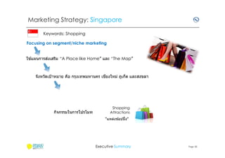 Marketing Strategy: Singapore
Keywords: Shopping
Focusing on segment/niche marketing
้
่
ใชแผนการสงเสริม “A Place like Home” และ “The Map”

ี
จังหวัดเป้ าหมาย คือ กรุงเทพมหานคร เชยงใหม่ ภูเก็ต และสงขลา

กิจกรรมในการโปรโมท

Shopping
Attractions
้
“แหล่งชอปปิ ง”

Executive Summary

Page 30

 