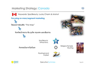 Marketing Strategy: Canada
Keywords: Spa/Beauty, Lucky Charm & Market
Focusing on mass/segment marketing
้
่
ใชแผนการสงเสริม “The Map”

ี
จังหวัดเป้ าหมาย คือ ภูเก็ต กรุงเทพ และเชยงราย

Spa/Beauty
Attractions
Religion/Temple
Routing

กิจกรรมในการโปรโมท
Floating/Land
market

Executive Summary

Page 46

 