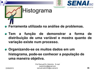 Histograma
Ferramenta utilizada na análise de problemas.
Tem a função de demonstrar a forma de
distribuição de uma variável e mostra quanto de
variação existe num processo.
Organizando-se os muitos dados em um
histograma, pode-se conhecer a população de
uma maneira objetiva.
23/06/2015
Prof Samuel R.L.Sobrinho E-mail
ssobrinhoo@gmail.com
samuel.sobrinho@sc.senai.br 36
 