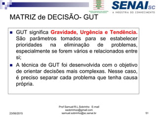 51
MATRIZ de DECISÃO- GUT
 GUT significa Gravidade, Urgência e Tendência.
São parâmetros tomados para se estabelecer
prioridades na eliminação de problemas,
especialmente se forem vários e relacionados entre
si;
 A técnica de GUT foi desenvolvida com o objetivo
de orientar decisões mais complexas. Nesse caso,
é preciso separar cada problema que tenha causa
própria.
23/06/2015
Prof Samuel R.L.Sobrinho E-mail
ssobrinhoo@gmail.com
samuel.sobrinho@sc.senai.br
 