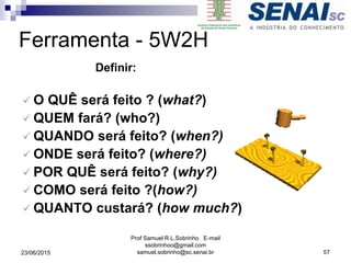 Ferramenta - 5W2H
Definir:
 O QUÊ será feito ? (what?)
 QUEM fará? (who?)
 QUANDO será feito? (when?)
 ONDE será feito? (where?)
 POR QUÊ será feito? (why?)
 COMO será feito ?(how?)
 QUANTO custará? (how much?)
23/06/2015
Prof Samuel R.L.Sobrinho E-mail
ssobrinhoo@gmail.com
samuel.sobrinho@sc.senai.br 57
 