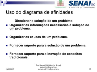 Uso do diagrama de afinidades
Direcionar a solução de um problema
 Organizar as informações necessárias à solução de
um problema.
 Organizar as causas de um problema.
 Fornecer suporte para a solução de um problema.
 Fornecer suporte para a inovação de conceitos
tradicionais.
23/06/2015
Prof Samuel R.L.Sobrinho E-mail
ssobrinhoo@gmail.com
samuel.sobrinho@sc.senai.br 60
 