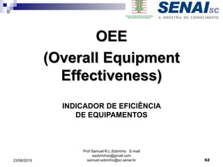 OEE
(Overall Equipment
Effectiveness)
Prof Samuel R.L.Sobrinho E-mail
ssobrinhoo@gmail.com
samuel.sobrinho@sc.senai.br
INDICADOR DE EFICIÊNCIA
DE EQUIPAMENTOS
6223/06/2015
 