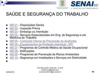 SAÚDE E SEGURANÇA DO TRABALHO
 NR 01 - Disposições Gerais
 NR 02 - Inspeção Prévia
 NR 03 - Embargo ou Interdição
 NR 04 - Serviços Especializados em Eng. de Segurança e em
Medicina do Trabalho
 NR 05 - Comissão Interna de Prevenção de Acidentes
 NR 06 - Equipamentos de Proteção Individual - EPI
 NR 07 - Programas de Controle Médico de Saúde Ocupacional
 NR 08 - Edificações
 NR 09 - Programas de Prevenção de Riscos Ambientais
 NR 10 - Segurança em Instalações e Serviços em Eletricidade

Prof Samuel R.L.Sobrinho E-mail
ssobrinhoo@gmail.com
samuel.sobrinho@sc.senai.br 7023/06/2015
 