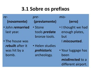 3.1 Sobre os prefixos
re- 
(novamente)
pre- 
(previamente)
mis- 
(erro)
• John remarried
last year.
 
• The house was
rebuilt after it
was hit by a
bomb.
• Stone
tools predate
bronze tools.
 
• Helen studies
prehistoric
archeology.
• I thought we had
enough plates,
but
I miscounted.
 
• Your luggage has
been
misdirected to a
different airport.
 