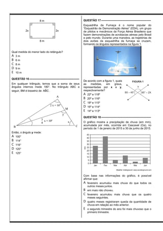 Qual medida do menor lado do retângulo?
A 3 m
B 6 m
C 8 m
D 9 m
E 10 m
QUESTÃO 16 ------------------------------------------------------
Em qualquer triângulo, temos que a soma de seus
ângulos internos mede 180°. No triângulo ABC a
seguir, BM é bissetriz de ˆABC .
Então, o ângulo y mede:
A 100°
B 114°
C 116°
D 120°
E 125°
QUESTÃO 17 ------------------------------------------------------
Esquadrilha da Fumaça é o nome popular do
“Esquadrão de Demonstração Aérea” (EDA), um grupo
de pilotos e mecânicos da Força Aérea Brasileira que
fazem demonstrações de acrobacias aéreas pelo Brasil
e pelo mundo. Durante uma manobra, as trajetórias de
dois aviões da esquadrilha da fumaça se cruzam,
formando os ângulos representados na figura 1.
De acordo com a figura 1, quais
as medidas, em graus,
representadas por x e y,
respectivamente?
A 22º e 118º
B 20º e 116º
C 18º e 115º
D 16º e 114º
E 14º e 113º
QUESTÃO 18 ------------------------------------------------------
O gráfico mostra a precipitação de chuva (em mm),
acumulada por mês, ocorrida em Cascavel (Ce), no
período de 1 de janeiro de 2015 a 30 de junho de 2015.
Weather Underground. www.wunderground.com
Com base nas informações do gráfico, é possível
afirmar que:
A fevereiro acumulou mais chuva do que todos os
outros meses juntos.
B em maio não choveu.
C fevereiro acumulou mais chuva que os quatro
meses seguintes.
D quatro meses registraram queda da quantidade de
chuva em relação ao mês anterior.
E o segundo trimestre do ano foi mais chuvoso que o
primeiro trimestre.
8 m
2x
8 m
2x
 