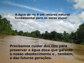 A água do rio é um recurso natural fundamental para os seres vivos! Precisamos cuidar dos rios para preservar a água doce que garante o nosso abastecimento e , também, o das futuras gerações. 