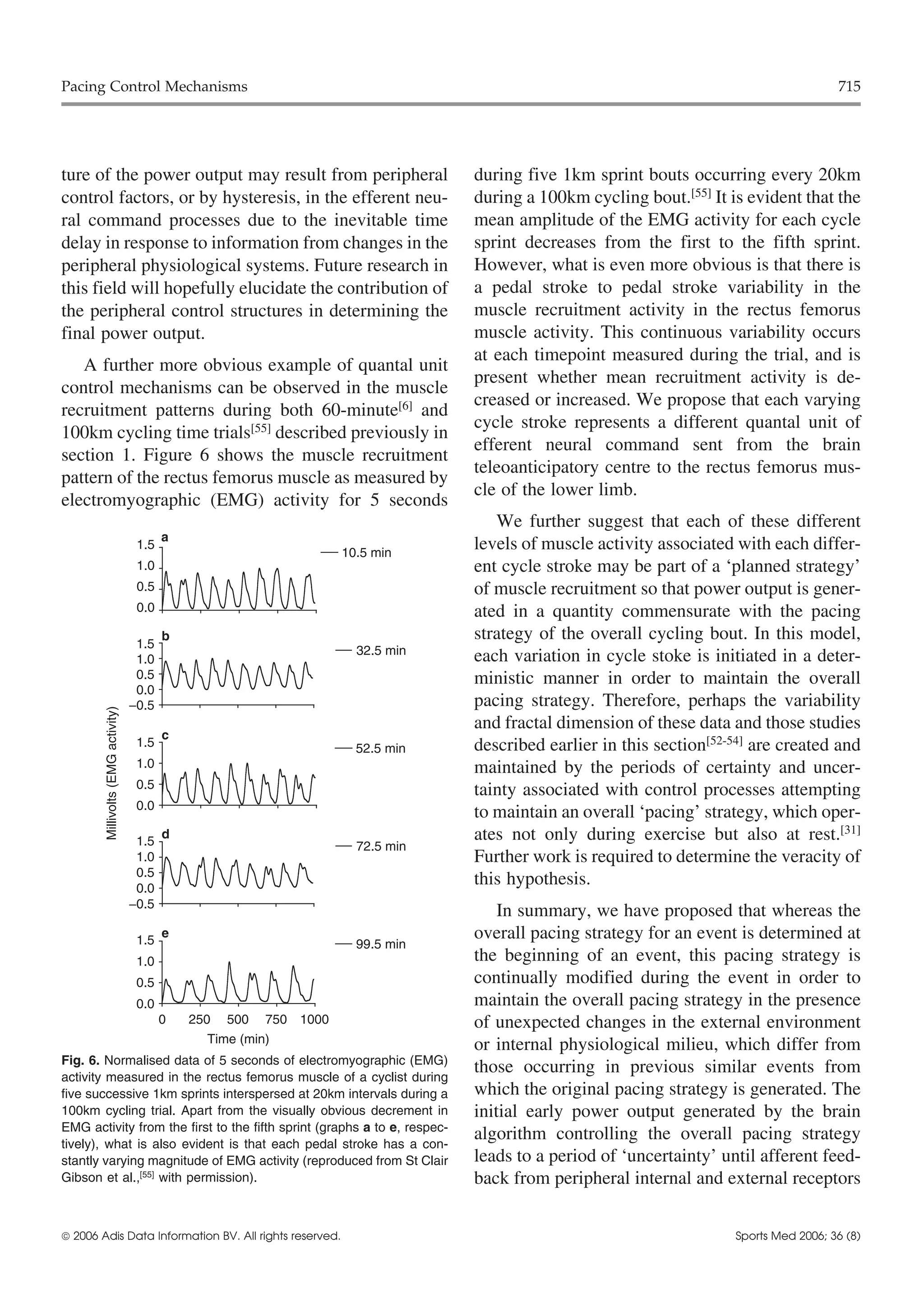 Pacing Control Mechanisms                                                                                                                 715




ture of the power output may result from peripheral                                during five 1km sprint bouts occurring every 20km
control factors, or by hysteresis, in the efferent neu-                            during a 100km cycling bout.[55] It is evident that the
ral command processes due to the inevitable time                                   mean amplitude of the EMG activity for each cycle
delay in response to information from changes in the                               sprint decreases from the first to the fifth sprint.
peripheral physiological systems. Future research in                               However, what is even more obvious is that there is
this field will hopefully elucidate the contribution of                            a pedal stroke to pedal stroke variability in the
the peripheral control structures in determining the                               muscle recruitment activity in the rectus femorus
final power output.                                                                muscle activity. This continuous variability occurs
                                                                                   at each timepoint measured during the trial, and is
   A further more obvious example of quantal unit
                                                                                   present whether mean recruitment activity is de-
control mechanisms can be observed in the muscle
                                                                                   creased or increased. We propose that each varying
recruitment patterns during both 60-minute[6] and
                                                                                   cycle stroke represents a different quantal unit of
100km cycling time trials[55] described previously in
                                                                                   efferent neural command sent from the brain
section 1. Figure 6 shows the muscle recruitment
                                                                                   teleoanticipatory centre to the rectus femorus mus-
pattern of the rectus femorus muscle as measured by
                                                                                   cle of the lower limb.
electromyographic (EMG) activity for 5 seconds
                                                                                      We further suggest that each of these different
                                           a
                                     1.5
                                                                      10.5 min
                                                                                   levels of muscle activity associated with each differ-
                                     1.0                                           ent cycle stroke may be part of a ‘planned strategy’
                                     0.5                                           of muscle recruitment so that power output is gener-
                                     0.0                                           ated in a quantity commensurate with the pacing
                                     1.5
                                           b                                       strategy of the overall cycling bout. In this model,
                                                                        32.5 min
                                     1.0                                           each variation in cycle stoke is initiated in a deter-
                                     0.5                                           ministic manner in order to maintain the overall
                                     0.0
                                    −0.5                                           pacing strategy. Therefore, perhaps the variability
        Millivolts (EMG activity)




                                                                                   and fractal dimension of these data and those studies
                                           c
                                     1.5                                52.5 min   described earlier in this section[52-54] are created and
                                     1.0                                           maintained by the periods of certainty and uncer-
                                     0.5                                           tainty associated with control processes attempting
                                     0.0
                                                                                   to maintain an overall ‘pacing’ strategy, which oper-
                                     1.5
                                           d                                       ates not only during exercise but also at rest.[31]
                                                                        72.5 min
                                     1.0                                           Further work is required to determine the veracity of
                                     0.5
                                     0.0
                                                                                   this hypothesis.
                                    −0.5
                                                                                       In summary, we have proposed that whereas the
                                     1.5
                                           e                                       overall pacing strategy for an event is determined at
                                                                        99.5 min
                                     1.0                                           the beginning of an event, this pacing strategy is
                                     0.5                                           continually modified during the event in order to
                                     0.0                                           maintain the overall pacing strategy in the presence
                                           0   250   500   750 1000                of unexpected changes in the external environment
                                                 Time (min)
                                                                                   or internal physiological milieu, which differ from
Fig. 6. Normalised data of 5 seconds of electromyographic (EMG)
activity measured in the rectus femorus muscle of a cyclist during
                                                                                   those occurring in previous similar events from
five successive 1km sprints interspersed at 20km intervals during a                which the original pacing strategy is generated. The
100km cycling trial. Apart from the visually obvious decrement in                  initial early power output generated by the brain
EMG activity from the first to the fifth sprint (graphs a to e, respec-
tively), what is also evident is that each pedal stroke has a con-
                                                                                   algorithm controlling the overall pacing strategy
stantly varying magnitude of EMG activity (reproduced from St Clair                leads to a period of ‘uncertainty’ until afferent feed-
Gibson et al.,[55] with permission).                                               back from peripheral internal and external receptors


 2006 Adis Data Information BV. All rights reserved.                                                                   Sports Med 2006; 36 (8)
 