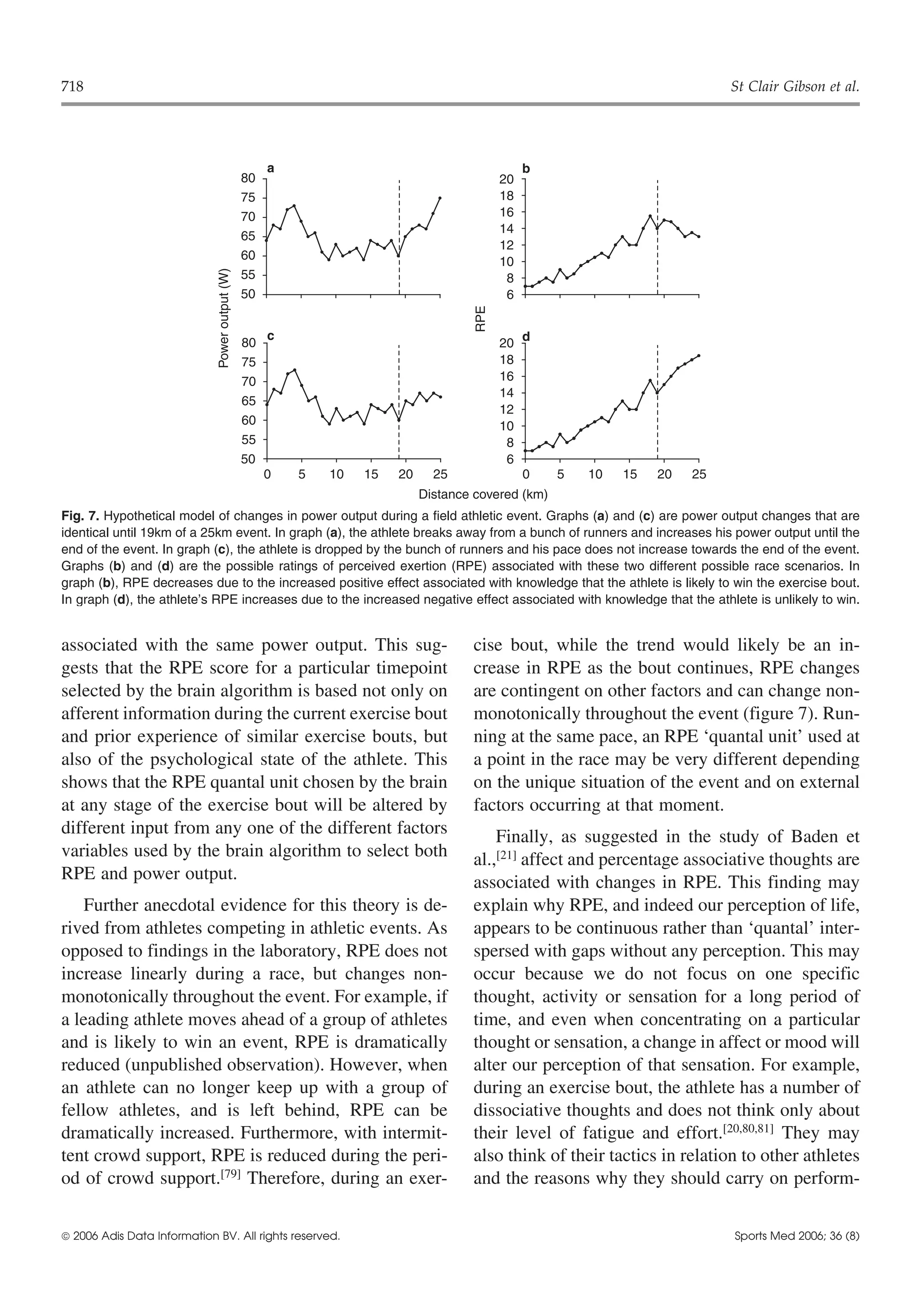 718                                                                                                                         St Clair Gibson et al.




                                                     a                                          b
                                                80                                         20
                                                75                                         18
                                                70                                         16
                                                                                           14
                                                65
                                                                                           12
                                                60                                         10
                             Power output (W)




                                                55                                          8
                                                50                                          6




                                                                                     RPE
                                                     c
                                                80                                         20 d
                                                75                                         18
                                                70                                         16
                                                                                           14
                                                65
                                                                                           12
                                                60                                         10
                                                55                                          8
                                                50                                          6
                                                     0   5   10   15   20     25              0     5   10   15   20   25
                                                                            Distance covered (km)
Fig. 7. Hypothetical model of changes in power output during a field athletic event. Graphs (a) and (c) are power output changes that are
identical until 19km of a 25km event. In graph (a), the athlete breaks away from a bunch of runners and increases his power output until the
end of the event. In graph (c), the athlete is dropped by the bunch of runners and his pace does not increase towards the end of the event.
Graphs (b) and (d) are the possible ratings of perceived exertion (RPE) associated with these two different possible race scenarios. In
graph (b), RPE decreases due to the increased positive effect associated with knowledge that the athlete is likely to win the exercise bout.
In graph (d), the athlete’s RPE increases due to the increased negative effect associated with knowledge that the athlete is unlikely to win.


associated with the same power output. This sug-                                    cise bout, while the trend would likely be an in-
gests that the RPE score for a particular timepoint                                 crease in RPE as the bout continues, RPE changes
selected by the brain algorithm is based not only on                                are contingent on other factors and can change non-
afferent information during the current exercise bout                               monotonically throughout the event (figure 7). Run-
and prior experience of similar exercise bouts, but                                 ning at the same pace, an RPE ‘quantal unit’ used at
also of the psychological state of the athlete. This                                a point in the race may be very different depending
shows that the RPE quantal unit chosen by the brain                                 on the unique situation of the event and on external
at any stage of the exercise bout will be altered by                                factors occurring at that moment.
different input from any one of the different factors                                   Finally, as suggested in the study of Baden et
variables used by the brain algorithm to select both                                al.,[21] affect and percentage associative thoughts are
RPE and power output.                                                               associated with changes in RPE. This finding may
    Further anecdotal evidence for this theory is de-                               explain why RPE, and indeed our perception of life,
rived from athletes competing in athletic events. As                                appears to be continuous rather than ‘quantal’ inter-
opposed to findings in the laboratory, RPE does not                                 spersed with gaps without any perception. This may
increase linearly during a race, but changes non-                                   occur because we do not focus on one specific
monotonically throughout the event. For example, if                                 thought, activity or sensation for a long period of
a leading athlete moves ahead of a group of athletes                                time, and even when concentrating on a particular
and is likely to win an event, RPE is dramatically                                  thought or sensation, a change in affect or mood will
reduced (unpublished observation). However, when                                    alter our perception of that sensation. For example,
an athlete can no longer keep up with a group of                                    during an exercise bout, the athlete has a number of
fellow athletes, and is left behind, RPE can be                                     dissociative thoughts and does not think only about
dramatically increased. Furthermore, with intermit-                                 their level of fatigue and effort.[20,80,81] They may
tent crowd support, RPE is reduced during the peri-                                 also think of their tactics in relation to other athletes
od of crowd support.[79] Therefore, during an exer-                                 and the reasons why they should carry on perform-


 2006 Adis Data Information BV. All rights reserved.                                                                       Sports Med 2006; 36 (8)
 