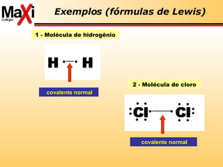 Exemplos (fórmulas de Lewis) 1 - Molécula de hidrogênio covalente normal 2 - Molécula de cloro covalente normal 