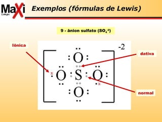 Exemplos (fórmulas de Lewis) 9 - ânion sulfato (SO 4 -2 ) normal Iônica dativa 