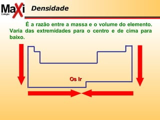 É a razão entre a massa e o volume do elemento. Varia das extremidades para o centro e de cima para baixo. Os Ir Densidade 