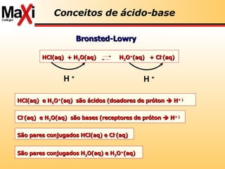 Bronsted-Lowry Conceitos de ácido-base H  + H  + HCl(aq)  e H 3 O + (aq)  são ácidos (doadores de próton    H + ) Cl - (aq)  e H 2 O(aq)  são bases (receptores de próton    H + ) São pares conjugados HCl(aq) e Cl - (aq)  São pares conjugados H 2 O(aq) e H 3 O + (aq)  HCl(aq)  + H 2 O(aq)  H 3 O + (aq)  + Cl - (aq) 
