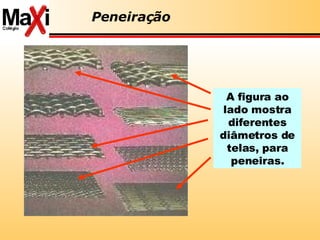 Peneiração A figura ao lado mostra diferentes diâmetros de telas, para peneiras. 