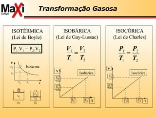 Transformação Gasosa ISOTÉRMICA (Lei de Boyle) V 1 V 2 P 1 P 2 V P 1 2 P P ( 1 ) ( 2 ) V 1 V 2 2 1 P 1 .V 1  = P 2 .V 2 Isoterma ISOBÁRICA (Lei de Gay-Lussac) V T V 1 V 2 T 1 T 2 Isobárica ISOCÓRICA (Lei de Charles) T T 1 T 2 P 1 P 2 P Isocórica 