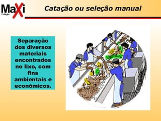 Catação ou seleção manual Separação dos diversos materiais encontrados no lixo, com fins ambientais e econômicos. 