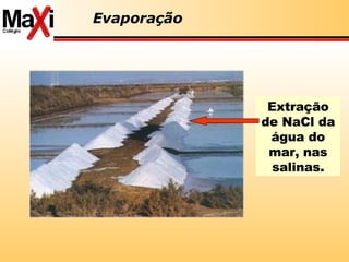 Evaporação Extração de NaCl da água do mar, nas salinas. 