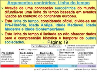 Argumentos contrários: Linha do tempo
 Através de uma concepção eurocêntrica do mundo,
difundiu-se uma linha do tempo baseada em eventos
ligados ao contexto do continente europeu.
 Esta linha do tempo, considerada oficial, divide-se em
Pré-História, Idade Antiga, Idade Medieval, Idade
Moderna e Idade Contemporânea.
 Esta linha do tempo é limitada ao não oferecer dados
para a compreensão histórica e temporal de outras
sociedades. • Página: 19
 
