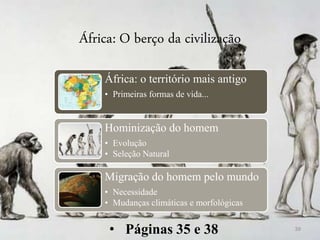 África: O berço da civilização
• Páginas 35 e 38 39
África: o território mais antigo
• Primeiras formas de vida...
Hominização do homem
• Evolução
• Seleção Natural
Migração do homem pelo mundo
• Necessidade
• Mudanças climáticas e morfológicas
 