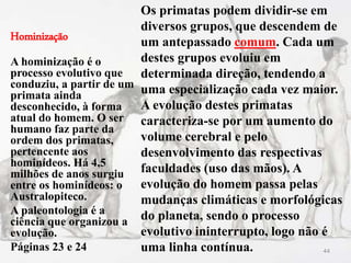 Hominização
Os primatas podem dividir-se em
diversos grupos, que descendem de
um antepassado comum. Cada um
destes grupos evoluiu em
determinada direção, tendendo a
uma especialização cada vez maior.
A evolução destes primatas
caracteriza-se por um aumento do
volume cerebral e pelo
desenvolvimento das respectivas
faculdades (uso das mãos). A
evolução do homem passa pelas
mudanças climáticas e morfológicas
do planeta, sendo o processo
evolutivo ininterrupto, logo não é
uma linha contínua.
A hominização é o
processo evolutivo que
conduziu, a partir de um
primata ainda
desconhecido, à forma
atual do homem. O ser
humano faz parte da
ordem dos primatas,
pertencente aos
hominídeos. Há 4,5
milhões de anos surgiu
entre os hominídeos: o
Australopiteco.
A paleontologia é a
ciência que organizou a
evolução.
Páginas 23 e 24 44
 