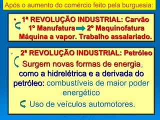 • 1ª REVOLUÇÃO INDUSTRIAL: Carvão
1º Manufatura 2º Maquinofatura
Máquina a vapor. Trabalho assalariado.
• 2ª REVOLUÇÃO INDUSTRIAL: Petróleo
Surgem novas formas de energia,
como a hidrelétrica e a derivada do
petróleo: combustíveis de maior poder
energético
Uso de veículos automotores.
Após o aumento do comércio feito pela burguesia:
 