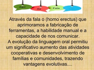 Através da fala o (homo erectus) que
aprimoramos a fabricação de
ferramentas, a habilidade manual e a
capacidade de nos comunicar.
A evolução da linguagem oral permitiu
um significativo aumento das atividades
cooperativas e desenvolvimento de
famílias e comunidades, trazendo
vantagens evolutivas....
 