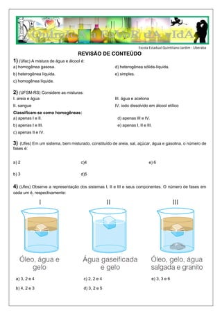 Escola Estadual Quintiliano Jardim - Uberaba
REVISÃO DE CONTEÚDO
1) (Ufac) A mistura de água e álcool é:
a) homogênea gasosa.
b) heterogênea líquida.
c) homogênea líquida.
d) heterogênea sólida-líquida.
e) simples.
2) (UFSM-RS) Considere as misturas:
I. areia e água
II. sangue
III. água e acetona
IV. iodo dissolvido em álcool etílico
Classificam-se como homogêneas:
a) apenas I e II.
b) apenas I e III.
c) apenas II e IV.
d) apenas III e IV.
e) apenas I, II e III.
3) (Ufes) Em um sistema, bem misturado, constituído de areia, sal, açúcar, água e gasolina, o número de
fases é:
a) 2
b) 3
c)4
d)5
e) 6
4) (Ufes) Observe a representação dos sistemas I, II e III e seus componentes. O número de fases em
cada um é, respectivamente:
a) 3, 2 e 4
b) 4, 2 e 3
c) 2, 2 e 4
d) 3, 2 e 5
e) 3, 3 e 6
 