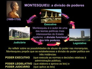 MONTESQUIEU: a divisão de poderes
(1689-1755)
Montesquieu é o autor de uma
das teorias políticas mais
interessantes do Estado
moderno: a divisão funcional
dos três poderes.
Judiciário Legislativo
Executivo
Ao refletir sobre as possibilidades de abuso do poder nas monarquias,
Montesquieu propôs que se estabelecesse a divisão do poder político em
três instâncias:
PODER EXECUTIVO (que executa as normas e decisões relativas à
administração pública),
PODER LEGISLATIVO (que elabora e aprova as leis) e
PODER JUDICIÁRIO (que aplica as leis)
 