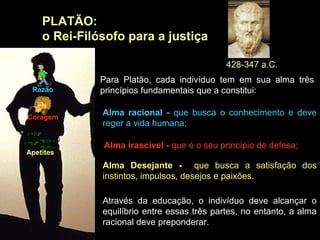 Razão
Coragem
Apetites
Para Platão, cada indivíduo tem em sua alma três
princípios fundamentais que a constitui:
Alma Desejante - que busca a satisfação dos
instintos, impulsos, desejos e paixões.
Alma irascível - que é o seu princípio de defesa;
Alma racional - que busca o conhecimento e deve
reger a vida humana;
Através da educação, o indivíduo deve alcançar o
equilíbrio entre essas três partes, no entanto, a alma
racional deve preponderar.
PLATÃO:
o Rei-Filósofo para a justiça
428-347 a.C.
 