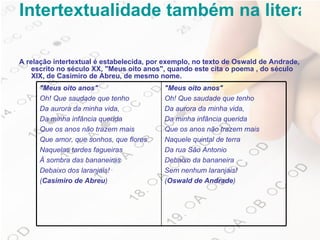Intertextualidade também na literatura   A relação intertextual é estabelecida, por exemplo, no texto de Oswald de Andrade, escrito no século XX, "Meus oito anos", quando este cita o poema , do século XIX, de Casimiro de Abreu, de mesmo nome. "Meus oito anos" Oh! Que saudade que tenho  Da aurora da minha vida, Da minha infância querida Que os anos não trazem mais Naquele quintal de terra Da rua São Antonio Debaixo da bananeira Sem nenhum laranjais! ( Oswald de Andrade ) "Meus oito anos" Oh! Que saudade que tenho Da aurora da minha vida, Da minha infância querida Que os anos não trazem mais Que amor, que sonhos, que flores Naquelas tardes fagueiras À sombra das bananeiras Debaixo dos laranjais! ( Casimiro de Abreu ) 