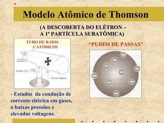 Modelo Atômico de Thomson
(A DESCOBERTA DO ELÉTRON –
A 1ª PARTÍCULA SUBATÔMICA)
TUBO DE RAIOS
CATÓDICOS

- Estudos da condução de
corrente elétrica em gases,
a baixas pressões e
elevadas voltagens.

“PUDIM DE PASSAS”

 