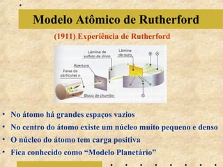 Modelo Atômico de Rutherford
(1911) Experiência de Rutherford

• No átomo há grandes espaços vazios
• No centro do átomo existe um núcleo muito pequeno e denso
• O núcleo do átomo tem carga positiva
• Fica conhecido como “Modelo Planetário”

 