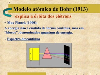 Modelo atômico de Bohr (1913)
explica a órbita dos elétrons
- Max Planck (1900):
A energia não é emitida de forma contínua, mas em
“blocos”, denominados quantum de energia.
- Espectro descontínuo

 