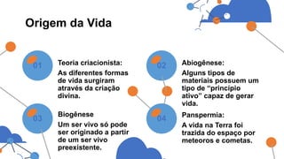 Teoria criacionista: Abiogênese:
Biogênese Panspermia:
Origem da Vida
01
As diferentes formas
de vida surgiram
através da criação
divina.
02
A vida na Terra foi
trazida do espaço por
meteoros e cometas.
03 04
Alguns tipos de
materiais possuem um
tipo de “princípio
ativo” capaz de gerar
vida.
Um ser vivo só pode
ser originado a partir
de um ser vivo
preexistente.
 