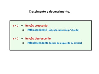 Crescimento e decrescimento.

a > 0 ⇒ função crescente
⇒ reta ascendente (sobe da esquerda p/ direita)
a < 0 ⇒ função decrescente
⇒

reta descendente (desce da esquerda p/ direita)

 