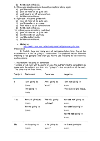 d) he'll be out on his ear.
8. If I see you standing around the coffee machine talking again
  a) you'll be in big trouble.
  b) your job here will be quite safe.
  c) we'll have to lay off some workers
  d) he'll be out on his ear.
9. If you don't make the grade here
  a) your job here will be quite safe.
  b) you'll soon be on your way
  c) we'll have to lay off some workers
  d) he'll be out on his ear.
10. Unless you do something really bad
  a) your job here will be quite safe.
  b) you'll soon be on your way
  c) you'll be in big trouble.
  d) he'll be out on his ear.

     Going to
           http://web2.uvcs.uvic.ca/elc/studyzone/330/grammar/gofut.htm
Introduction
       In English, there are many ways of expressing future time. One of the
most common is the "be going to" construction. This page will explain the main
meaning of “be going to” and show you how to use “be going to” in sentences
and questions.

1. How to form "be going to" sentences
To make a verb form with “be going to”, you first put “be” into the correct form to
agree with the subject, and then add “going to” + the simple form of the verb.
This table lists the main forms:

Subject     Statement              Question              Negative


I           I am going to          Am I going to         I am not going to
            leave.                 leave?                leave.
            I'm going to                                 I'm not going to leave.
            leave.


You         You are going to       Are you going         You are not going to
            leave.                 to leave?             leave.
            You're going to                              You aren't going to
            leave.                                       leave.
                                                         You're not going to
                                                         leave.


He          He is going to         Is he going to        He is not going to
            leave.                 leave?                leave.
 