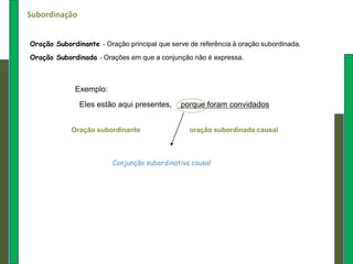 Subordinação


Oração Subordinante   –   Oração principal que serve de referência à oração subordinada.
Oração Subordinada – Orações em que a conjunção não é expressa.



             Exemplo:
               Eles estão aqui presentes,        porque foram convidados


            Oração subordinante                     oração subordinada causal



                           Conjunção subordinativa causal
 