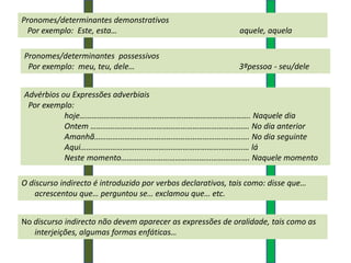 Pronomes/determinantes demonstrativos
 Por exemplo: Este, esta…                                     aquele, aquela

Pronomes/determinantes possessivos
 Por exemplo: meu, teu, dele…                                3ªpessoa - seu/dele


Advérbios ou Expressões adverbiais
 Por exemplo:
           hoje…………………………………………………………………………. Naquele dia
           Ontem ……………………………………………………………………. No dia anterior
           Amanhã……………………………………………………….…………. No dia seguinte
           Aqui………………………………………………………………………… lá
           Neste momento………………………………………………………. Naquele momento

O discurso indirecto é introduzido por verbos declarativos, tais como: disse que…
   acrescentou que… perguntou se… exclamou que… etc.


No discurso indirecto não devem aparecer as expressões de oralidade, tais como as
   interjeições, algumas formas enfáticas…
 