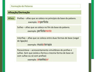 Formação de Palavras

Afixação/Derivação

Afixos   Prefixo – afixo que se coloca no princípio da base da palavra.
                    exemplo: imperfeita

         Sufixo – afixo que se coloca no fim da base da palavra.
                   exemplo: perfeitamente

         Interfixo – afixo que se coloca entre duas formas de base (vogal
         de ligação)
                   exemplo: musicoterapia

         Parassíntese – acrescentamento simultâneo de prefixo e
         sufixo. Sem que exista a forma a mesma forma de base só
         com sufixo ou só com prefixo)
                   exemplo: amanhecer
 