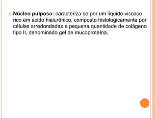  Núcleo pulposo: caracteriza-se por um líquido viscoso
rico em ácido hialurônico, composto histologicamente por
células arredondadas e pequena quantidade de colágeno
tipo II, denominado gel de mucoproteína.
 