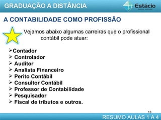 A CONTABILIDADE COMO PROFISSÃO
Vejamos abaixo algumas carreiras que o profissional
contábil pode atuar:
Contador
 Controlador
 Auditor
 Analista Financeiro
 Perito Contábil
 Consultor Contábil
 Professor de Contabilidade
 Pesquisador
 Fiscal de tributos e outros.
13

RESUMO AULAS 1 A 4

 