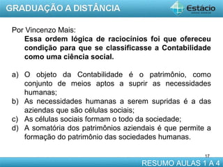 Por Vincenzo Mais:
Essa ordem lógica de raciocínios foi que ofereceu
condição para que se classificasse a Contabilidade
como uma ciência social.
a) O objeto da Contabilidade é o patrimônio, como
conjunto de meios aptos a suprir as necessidades
humanas;
b) As necessidades humanas a serem supridas é a das
aziendas que são células sociais;
c) As células sociais formam o todo da sociedade;
d) A somatória dos patrimônios aziendais é que permite a
formação do patrimônio das sociedades humanas.
17

RESUMO AULAS 1 A 4

 