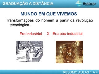 MUNDO EM QUE VIVEMOS
Transformações do homem a partir da revolução
tecnológica.
Era industrial

X Era pós-industrial

RESUMO AULAS 1 A 4

 
