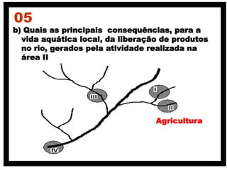 b) Quais as principais consequências, para a
vida aquática local, da liberação de produtos
no rio, gerados pela atividade realizada na
área II
05
Agricultura
 