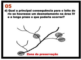 d) Qual a principal consequência para o leito do
rio se houvesse um desmatamento na área IV
e a longo prazo o que poderia ocorrer?
05
Zona de preservação
 